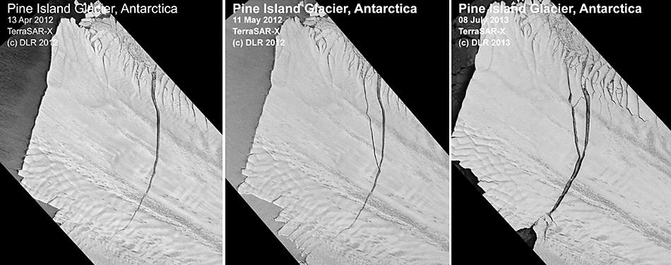 Auf dem Bild ist gut zu erkennen wie sich der Riss im Gletscher bis zur endgültigen loslösen entwickelte.