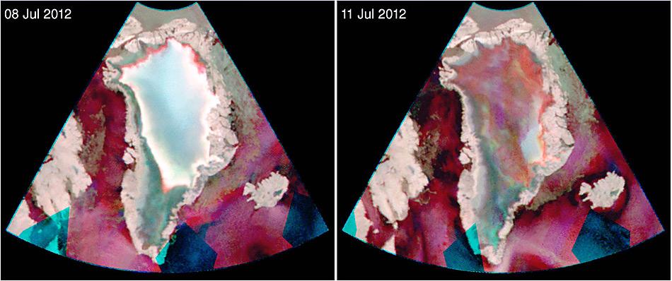 Die Fotos des indischen Satelliten Oceansat-2 zeigen die Erwärmung innert 3 Tagen. Deutlich zu erkennen ist der Anstieg (rot markiert) auf dem rechten Bild.