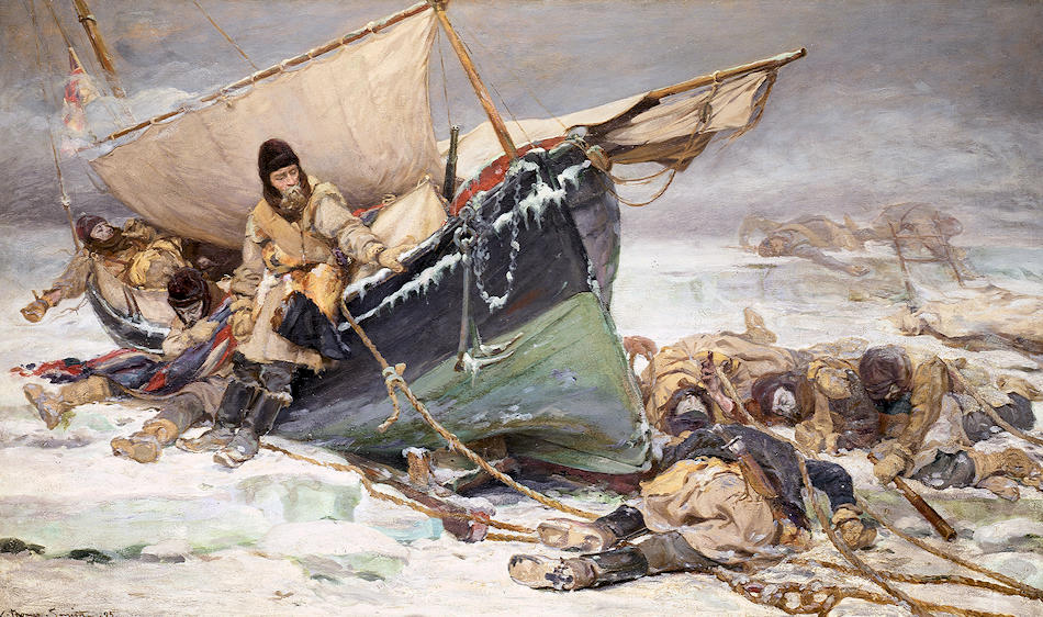 Über das Schicksal von Sir Franklin und seine Crew ist nicht viel bekannt und liess viel Raum für dramatische Bilder. Besonders das Bild von W. Thomas Smith über die letzten Überlebenden, die erst Jahre später entdeckt wurden, ist sehr bekannt. Bild: National Maritime Museum