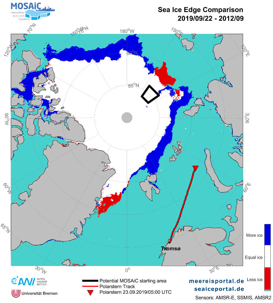Definitionsgemäß werden Regionen mit einer Meereiskonzentration von über 15 Prozent als eisbedeckt eingestuft – die Grenze zu nicht-eisbedeckten Gebieten wird als Eiskante bezeichnet. Die Karte zeigt den Verlauf der Eiskante am 22.September 2019 im Vergleich zum Monatsmittel September 2012. Blau markiert sind Regionen mit einer vergrößerten Eisausdehnung gegenüber dem September 2012, während Regionen mit geringerer Eisausdehnung rot gekennzeichnet sind. Grafik: Meereisportal/ Alfred-Wegener-Institut  