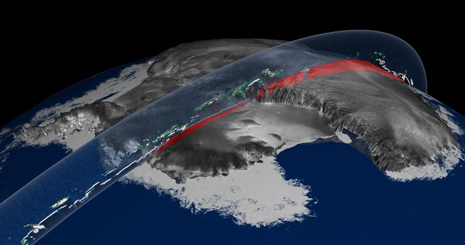 Das Modell zeigt als Beispiel eine Auswertung der Eisdicke des ICES-Satelliten in der Antarktis.