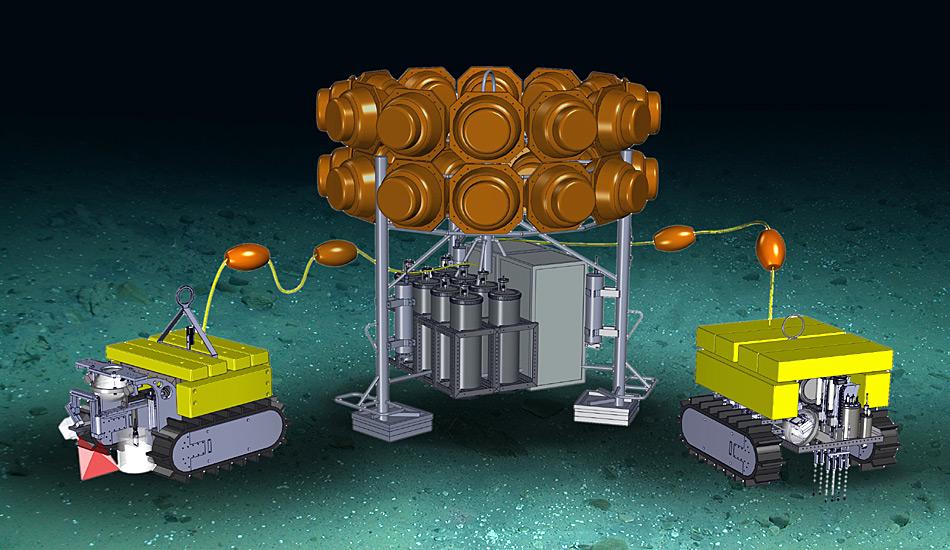 Entwurfsskizze eines FRAM-Tiefseemoduls bestehend aus einem Lander (Mitte) und zwei Crawlern. Skizze: Johannes Lemburg, AWI