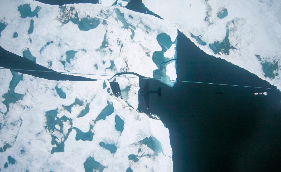 Meereisdickenmessungen mit dem AWI-Forschungsflugzeug Polar 6 nördlich Grönlands, August 2016. Von Bord des Flugzeuges aus bedienen die Meereisphysiker eine Winde, welche das torpedoförmige Messgerät in die Tiefe hinabsinken lässt (Mitte rechts). (Foto: Alfred-Wegener-Institut/Esther Horvath)