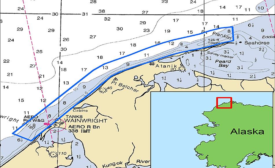 Die Karte zeigt das Gebiet, welches im Rahmen der Suche nach der verlorenen Walfangflotte im letzten Herbst durchsucht worden war. © M. Lawrence, NOAA