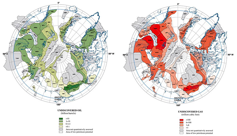 Die geschätzte Menge an fossilen Brennstoffen hier auf der Karte (grün = Öl, rot = Gas) beträgt rund ein Viertel der weltweiten noch vorhandenen Mengen. Dies macht die Arktis enorm wertvoll für viele Regierungen und Firmen.