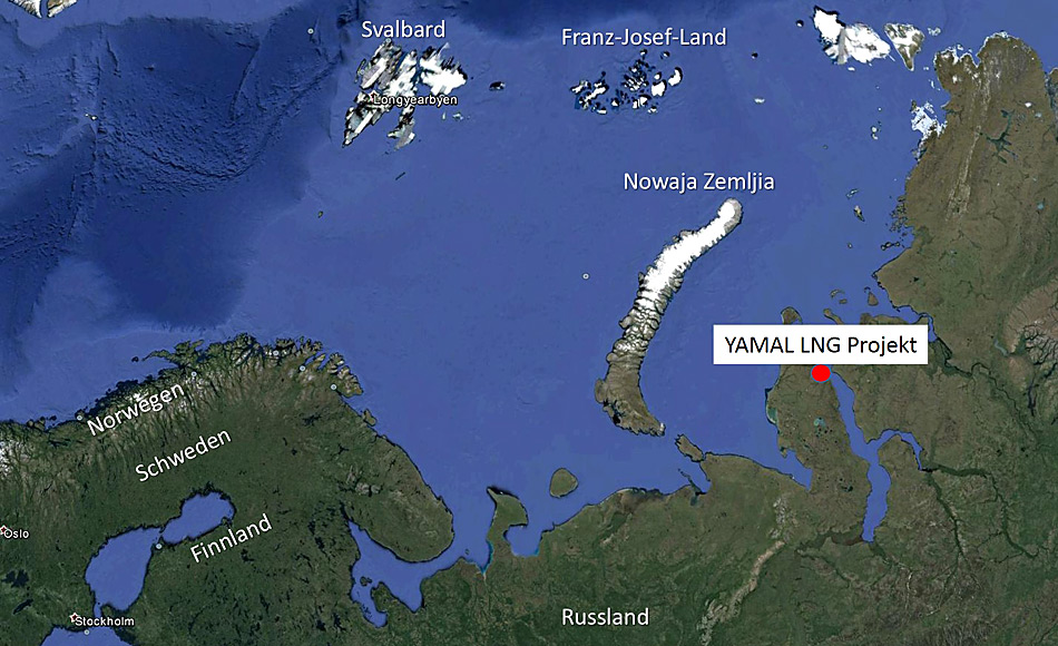 Die Flüssiggas-Anlage liegt im Distrikt Yamal an der Karasee und liegt gerade gegenüber der russischen Insel und Atomtestanlage Nowaja Zemlya.