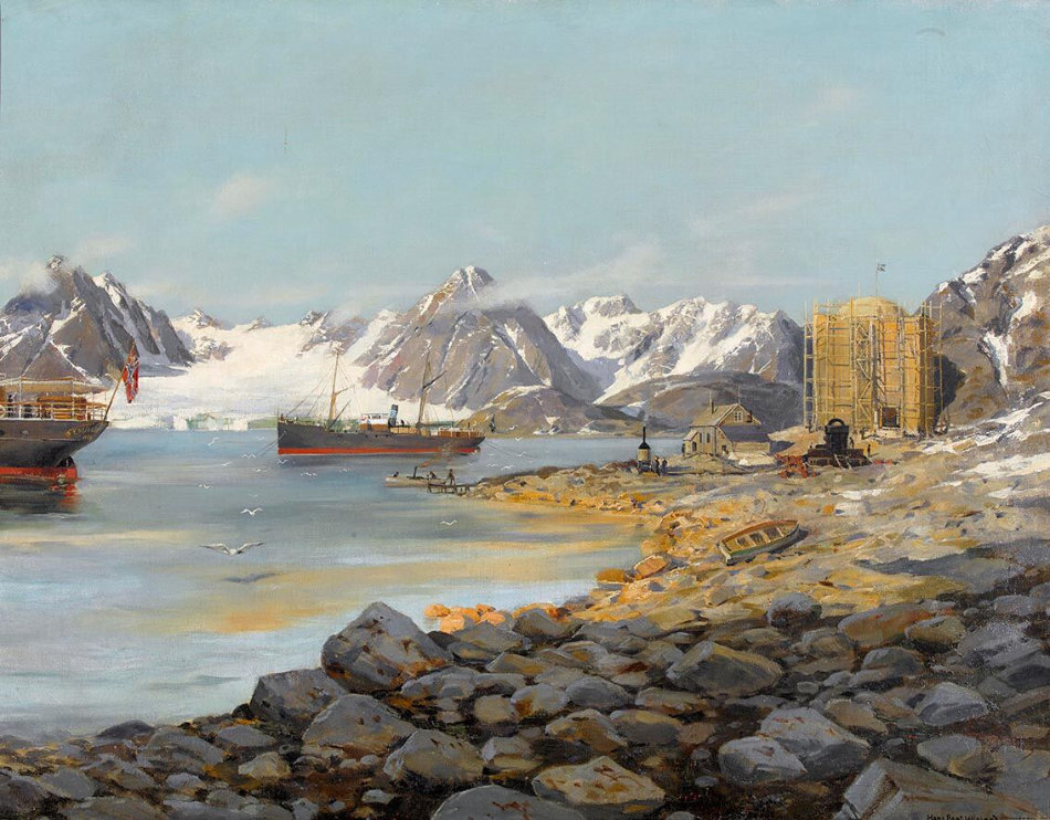 Das Basislager der legendären Expeditionvon Salomon A.auf Danskøya im Nordwesten Spitzbergens: Bei diesem Ölbild handelt es sich um das bekannteste Spitzbergen-Werk von Hans Beat Wieland. Das angeschnittene Schiff ist die Erling Jarl das andere die Virgo (dasExpeditionsschiff Andrées). Bild © Privatbesitz, Reproduktion: Dobiaschofsky Auktionen.